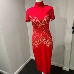 Red Lace Midi Dress